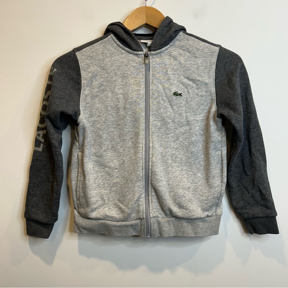 Lacoste boys' two-tone zip-up fleece hoodie in grey logo - Picture 2 of 6